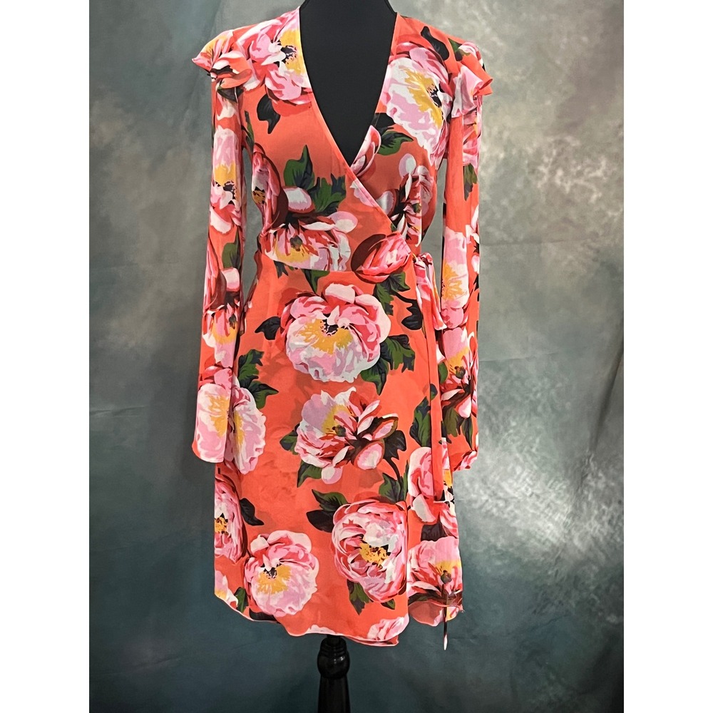 Marciano Floral Ruffle Wrap Coverup Coral Pink Orange Long Sleeve Size XS